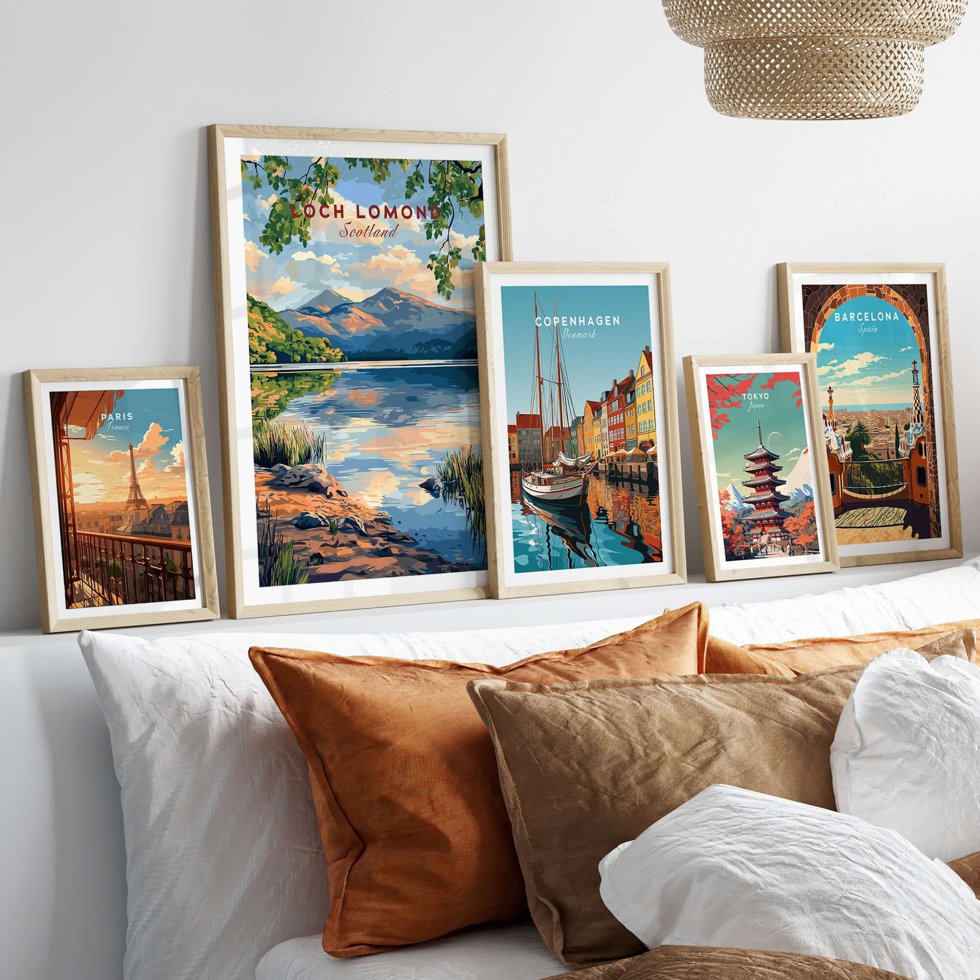 Loch Lomond Scotland Travel Print displayed in a stylish home setting with other travel prints.