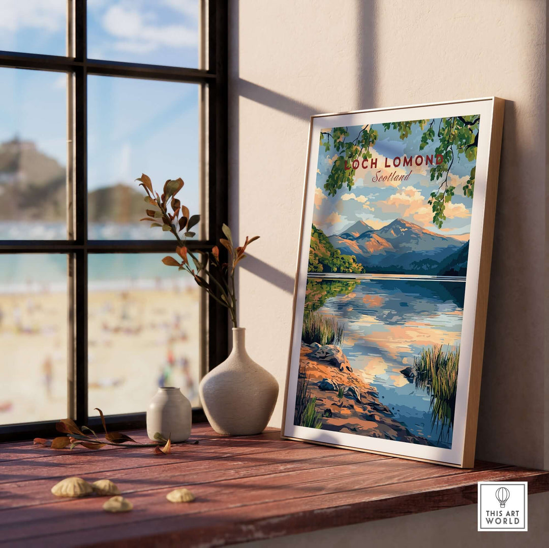 Loch Lomond Scotland Travel Print on a wooden table, showcasing stunning landscapes and serene reflections.