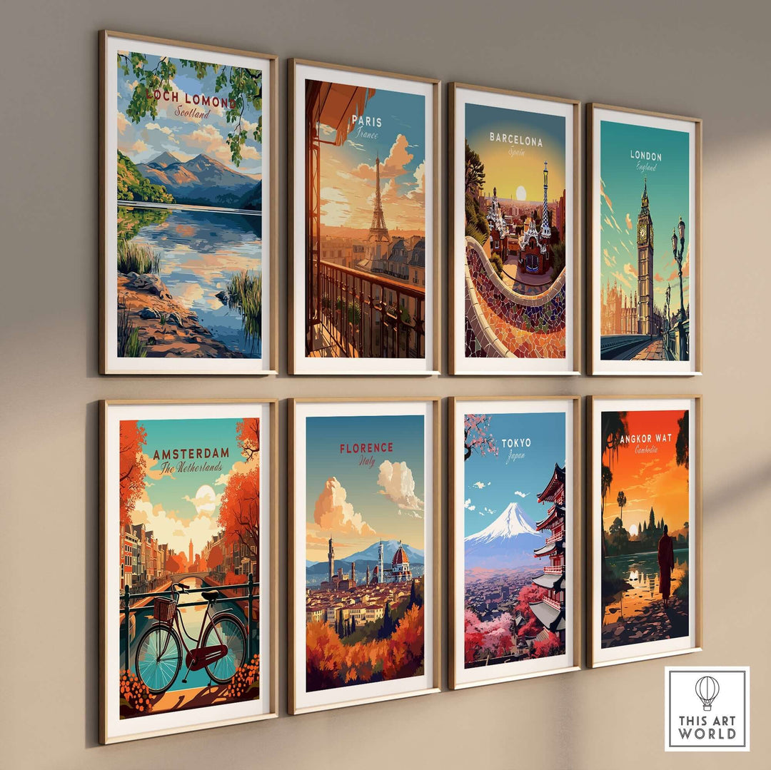 A wall display of travel prints featuring Loch Lomond, Paris, Barcelona, London, Amsterdam, Florence, Tokyo, and Angkor Wat.