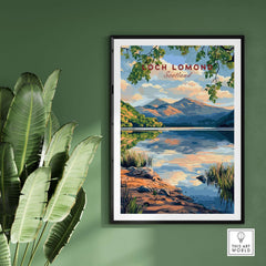 Loch Lomond Scotland Travel Print showcasing stunning scenery and nature's beauty in a home setting.