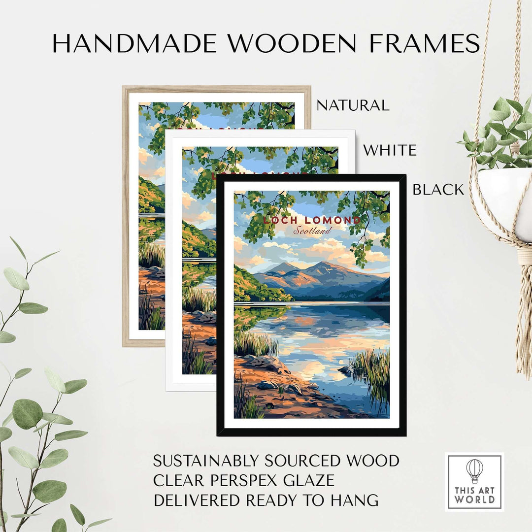 Handmade wooden frames in natural, white, and black styles showcasing Loch Lomond Scotland Travel Print, ready to hang.