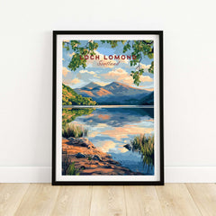 Loch Lomond Scotland Travel Print featuring scenic landscape and serene waters of Loch Lomond.