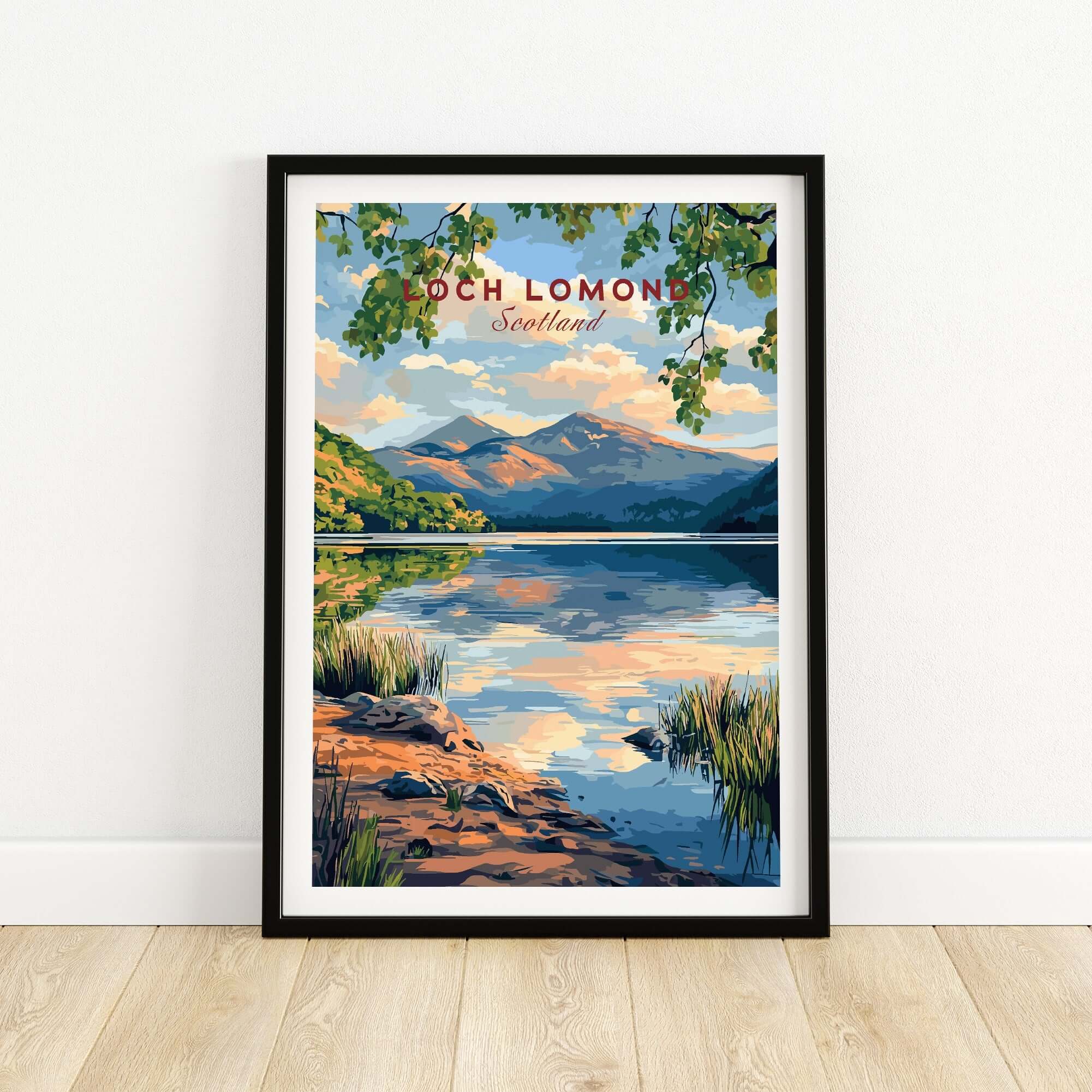Loch Lomond Scotland Travel Print featuring scenic landscape and serene waters of Loch Lomond.
