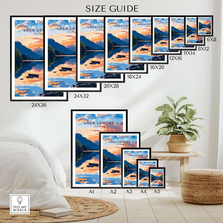 Size guide for Loch Lomond Scotland wall art featuring various frame sizes and design options for home decor.