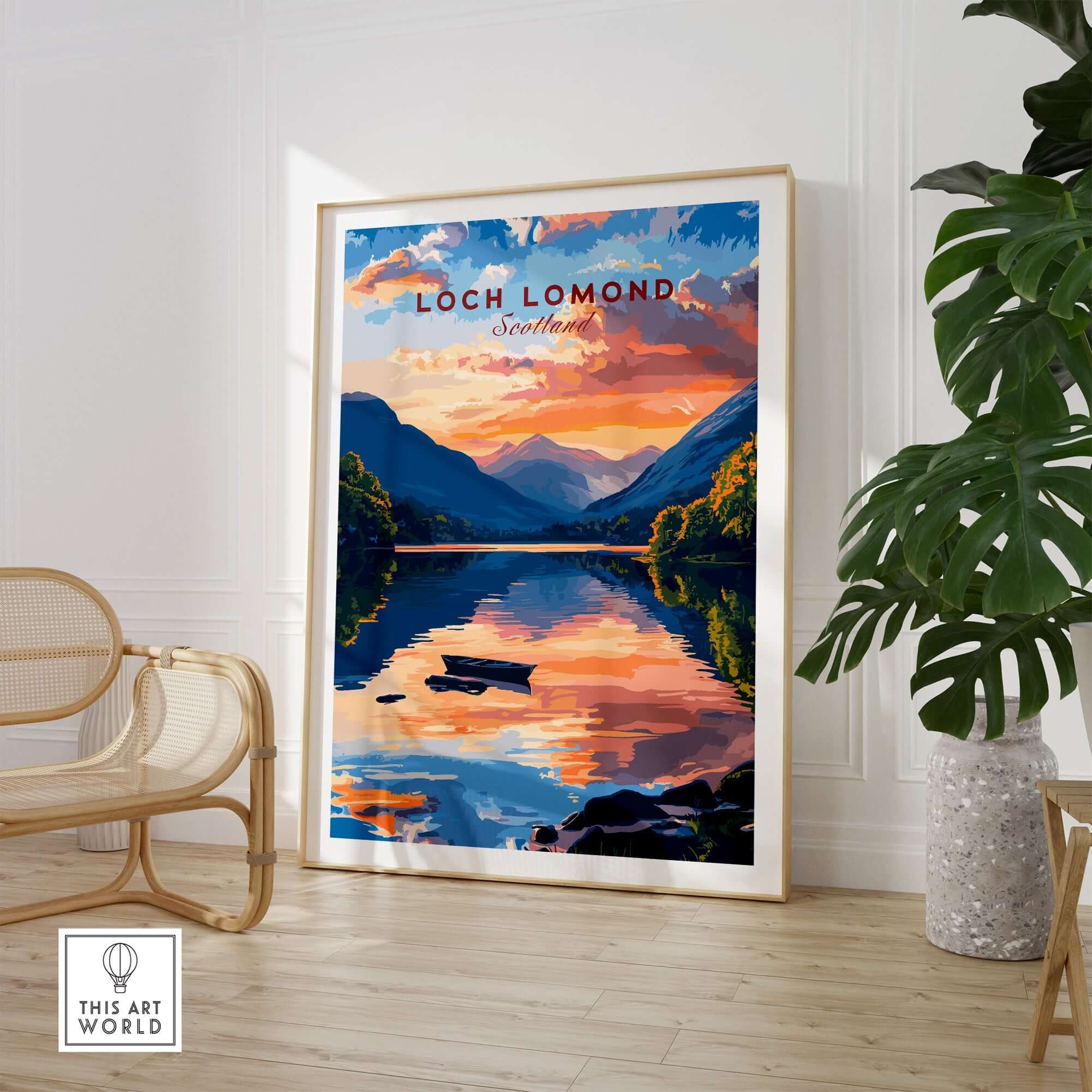 Loch Lomond Scotland Wall Art featuring vibrant colors and serene reflections in a stylish living room setting.