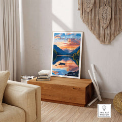 Loch Lomond Scotland Wall Art featuring serene blue waters and lush landscapes in a stylish living room setting.