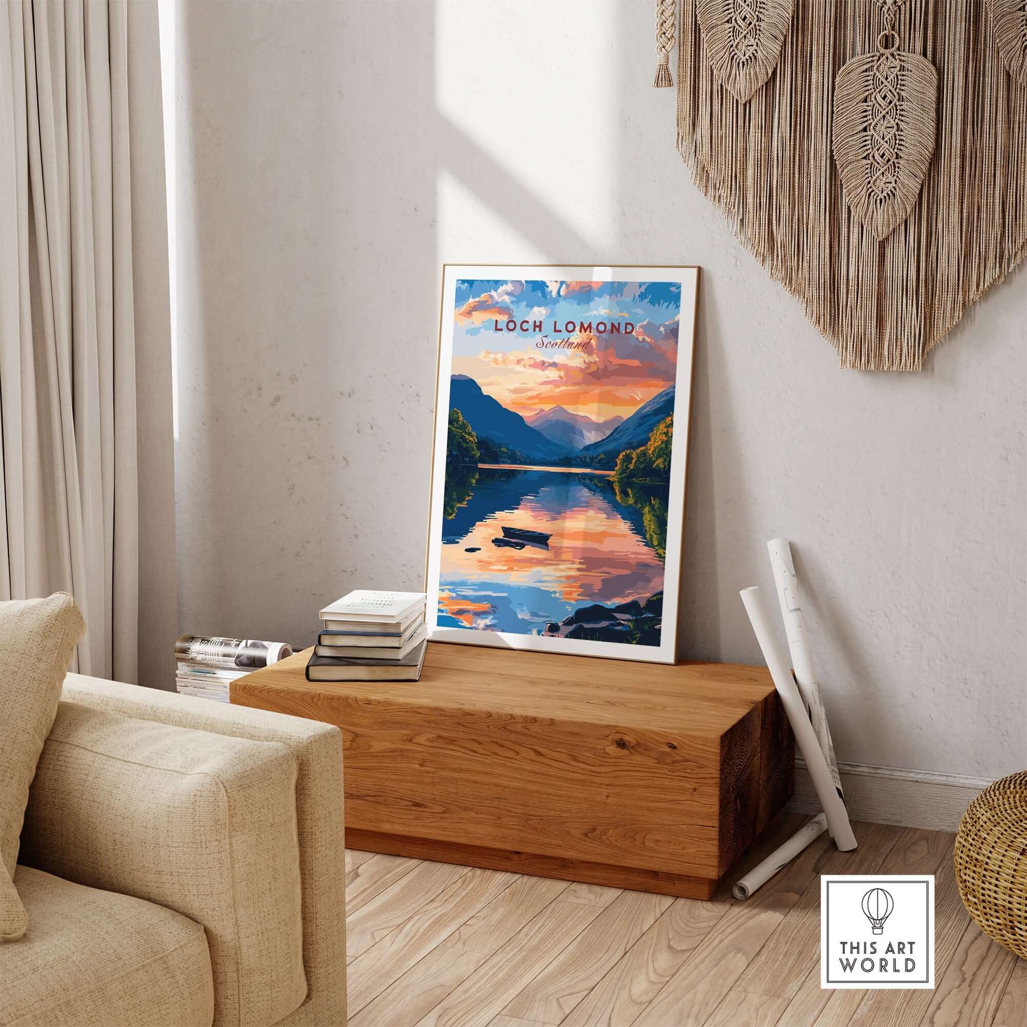 Loch Lomond Scotland Wall Art featuring serene blue waters and lush landscapes in a stylish living room setting.