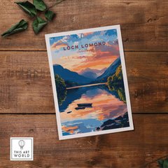Loch Lomond Scotland Wall Art featuring serene waters and stunning landscapes at sunset.