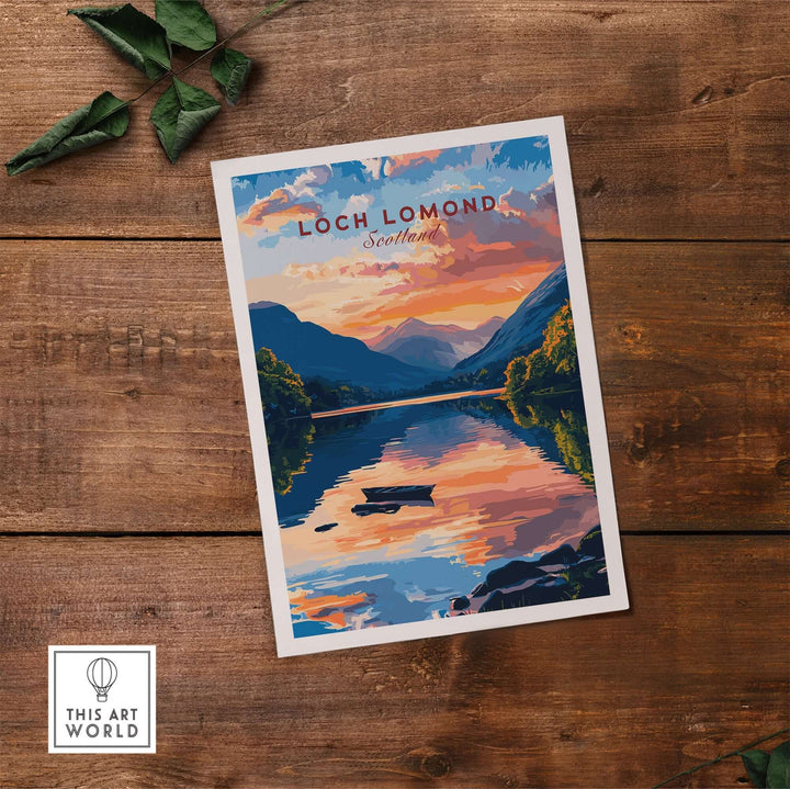 Loch Lomond Scotland wall art featuring a vibrant sunset over serene waters and mountains, perfect for home decor.