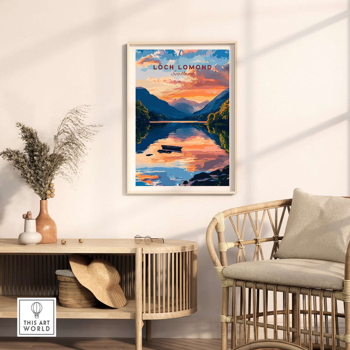 Loch Lomond Scotland wall art showcasing vibrant sunset reflections on tranquil waters in a cozy interior setting.