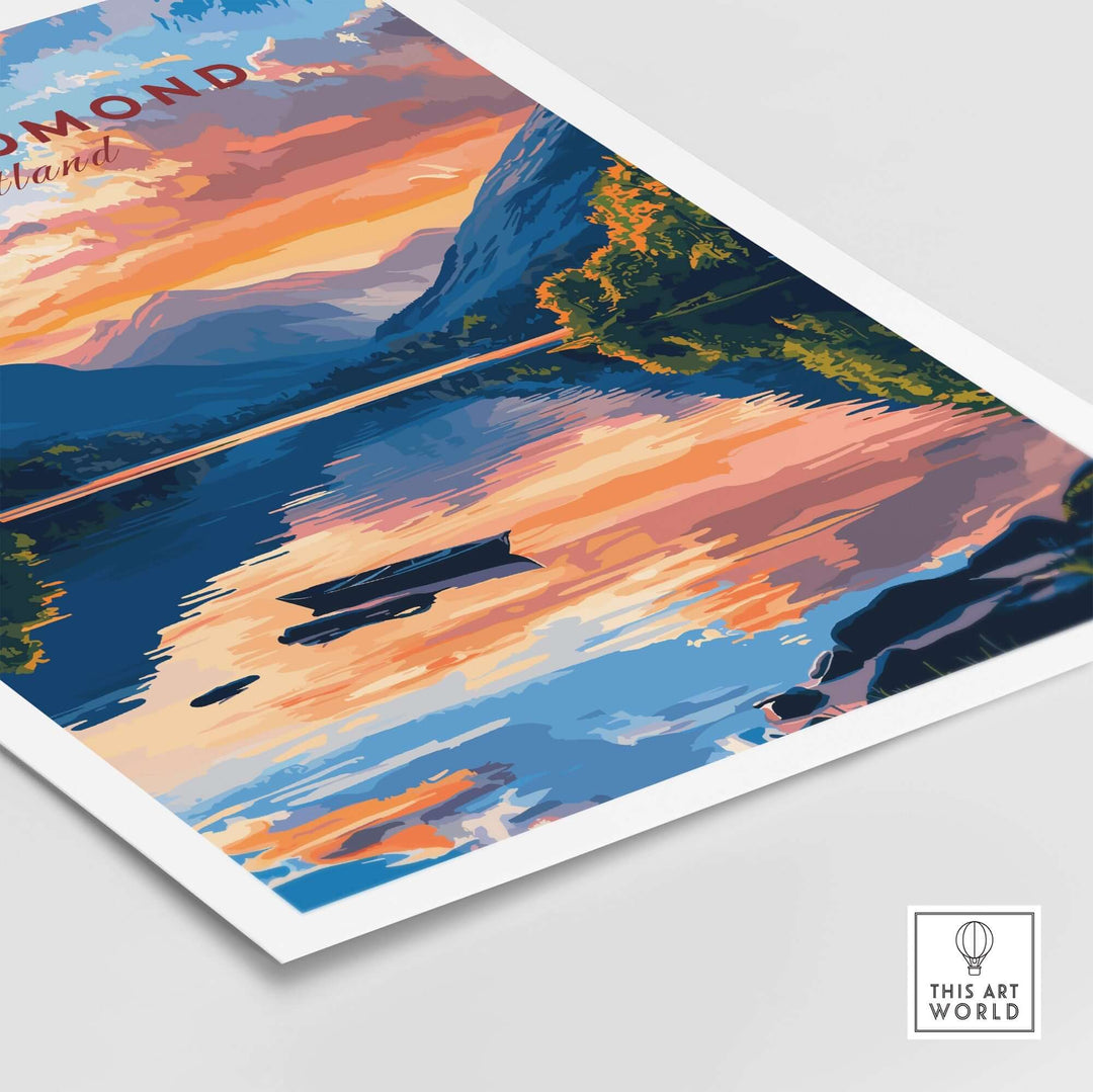 Loch Lomond Scotland wall art featuring serene blue waters and vibrant sunset reflections for home decor inspiration.