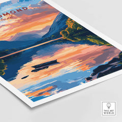 Loch Lomond Scotland Wall Art featuring vibrant sunset reflections on serene blue waters and lush landscapes.