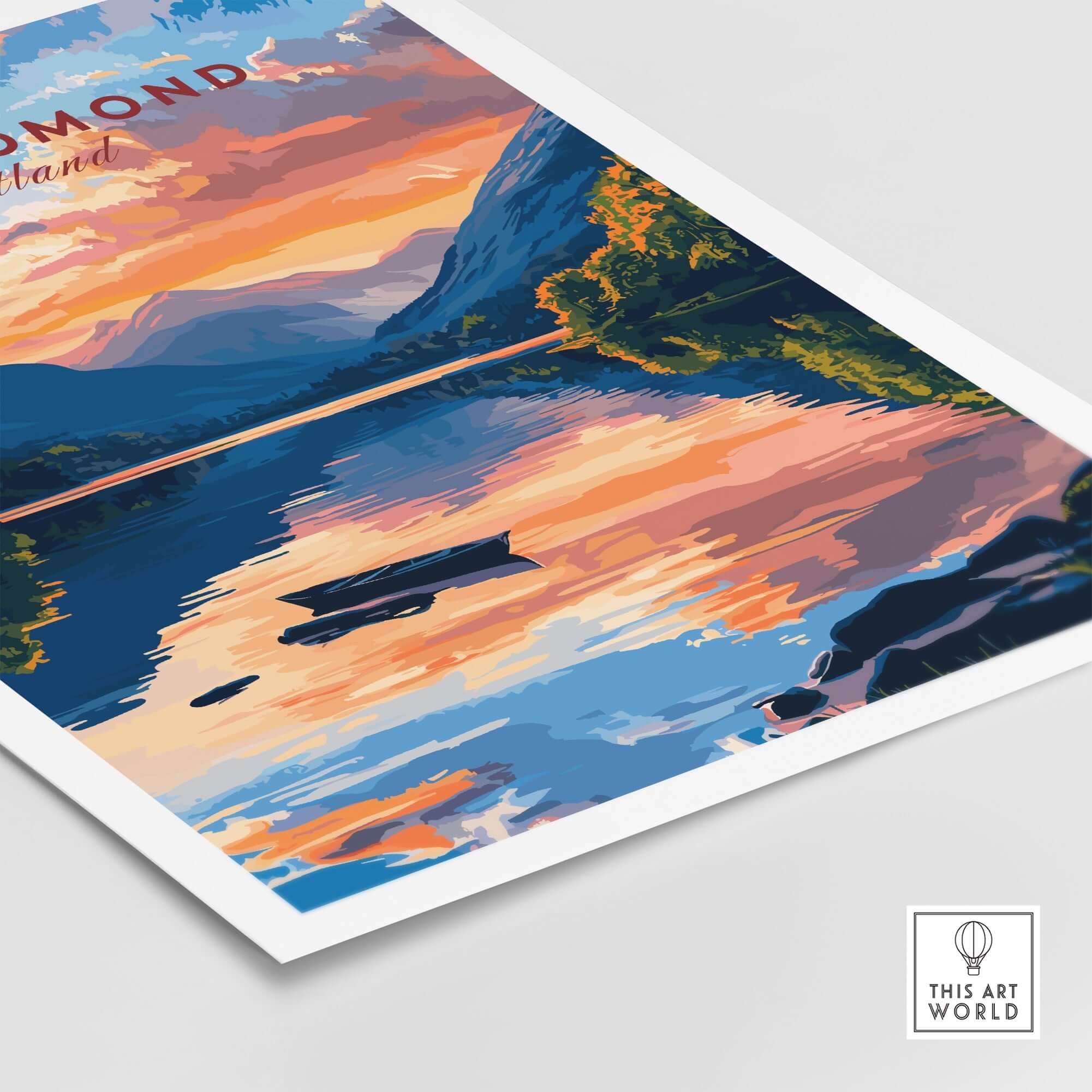 Loch Lomond Scotland Wall Art featuring vibrant sunset reflections on serene blue waters and lush landscapes.