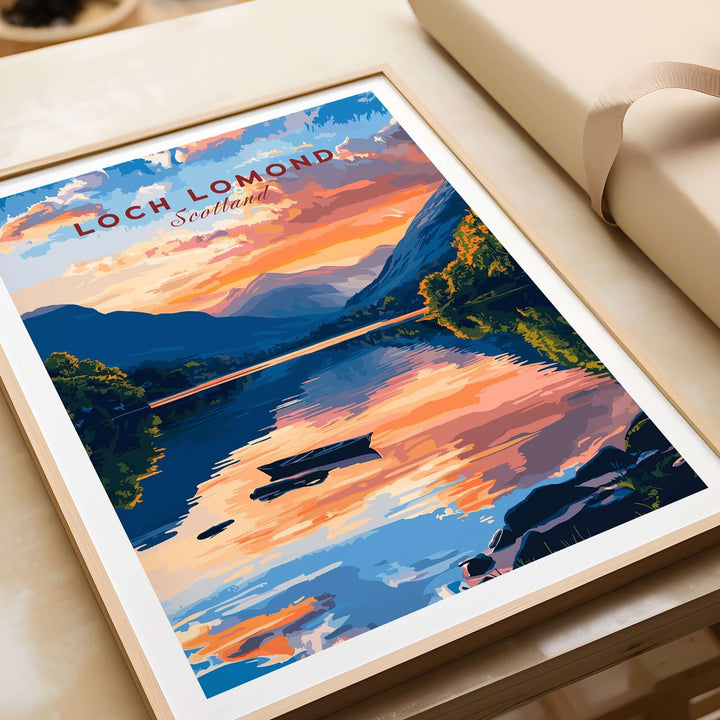 Loch Lomond Scotland wall art featuring vibrant sunset over tranquil waters and lush landscapes in a framed print.