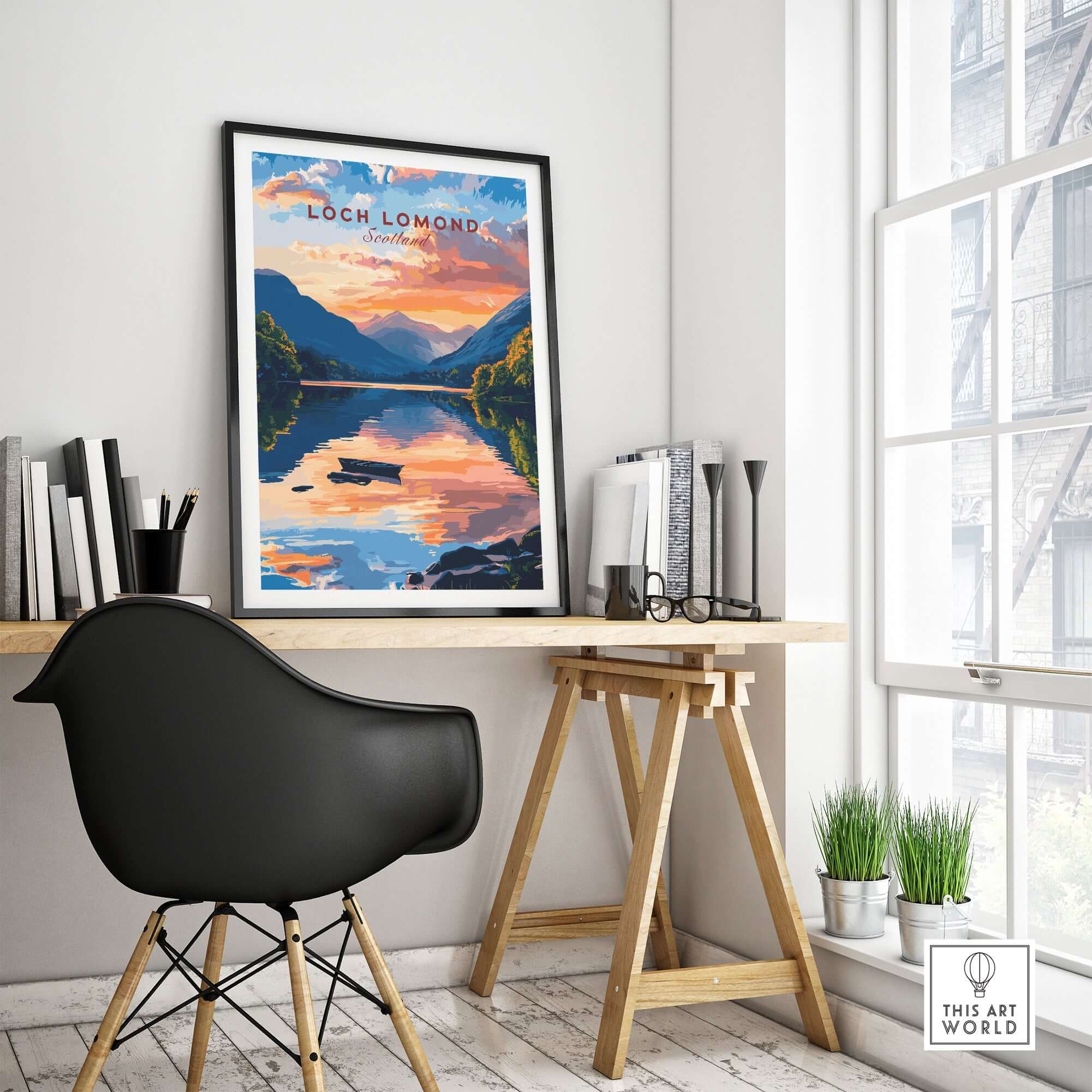 Loch Lomond Scotland Wall Art displayed in a modern office setting, highlighting serene waters and vibrant landscapes.
