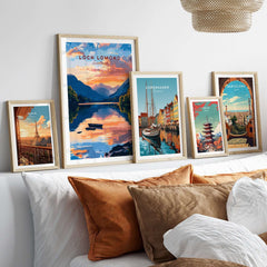 Loch Lomond Scotland Wall Art displayed among other city-themed wall art prints in a stylish interior setting.