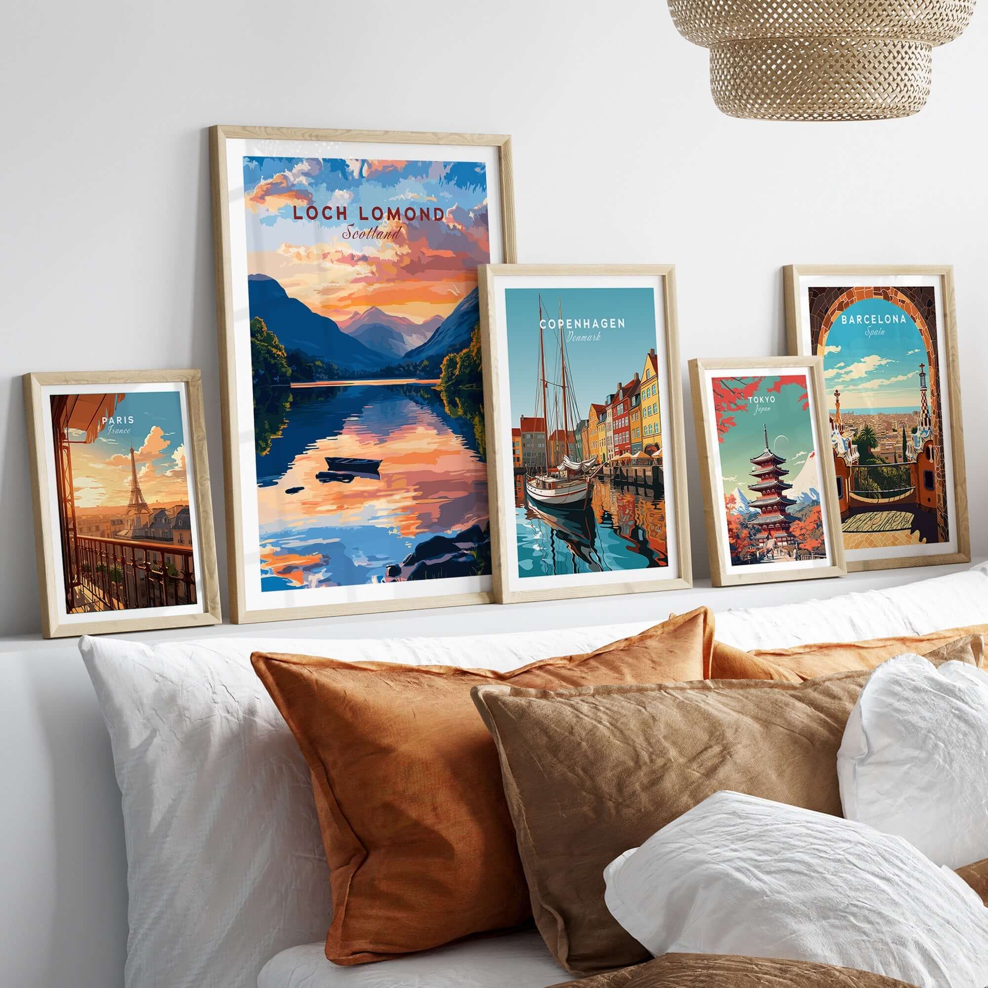 Loch Lomond Scotland Wall Art displayed among other city-themed wall art prints in a stylish interior setting.