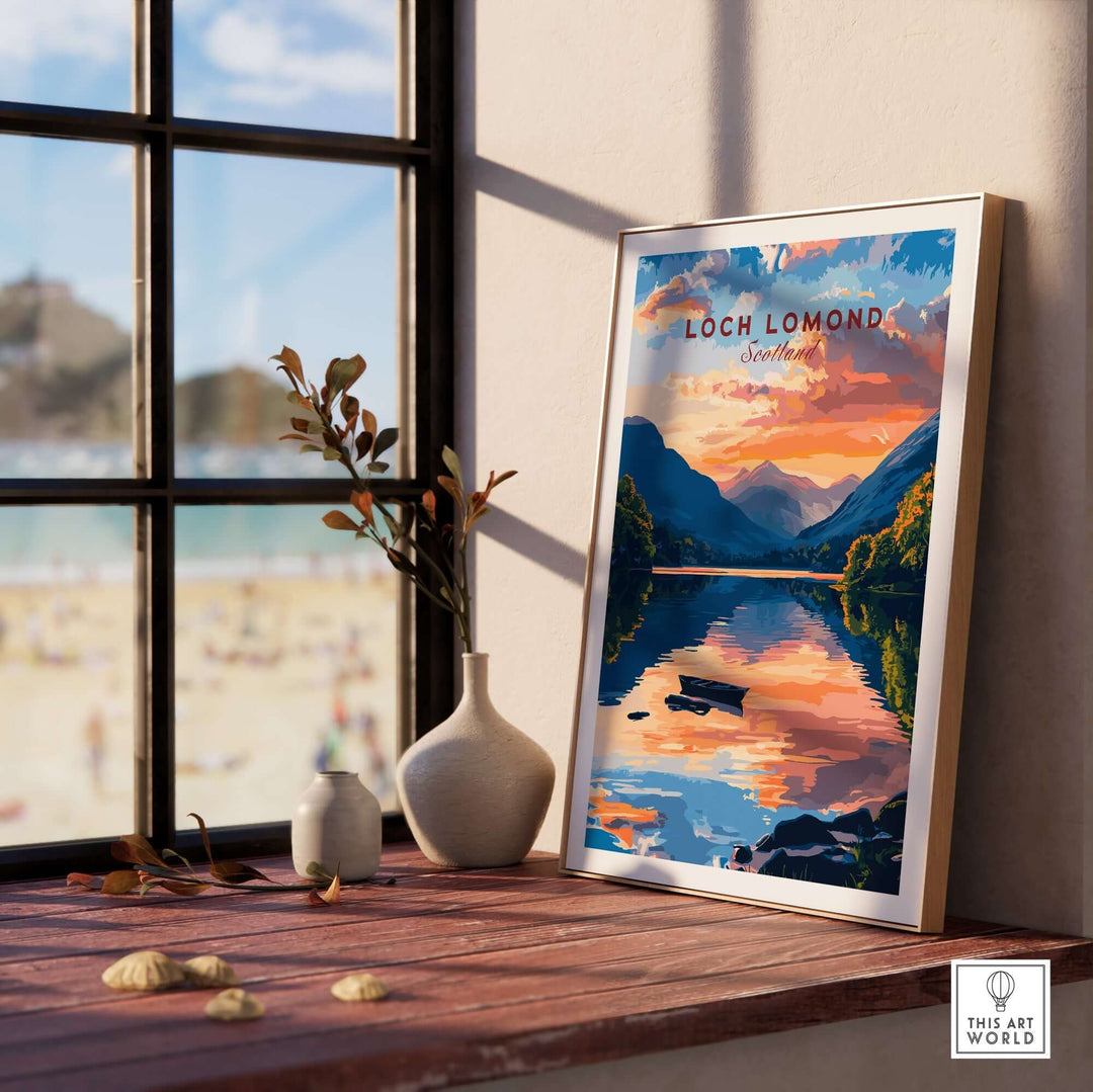 Loch Lomond wall art showcasing vibrant landscape and serene waters in a cozy home setting with natural light.