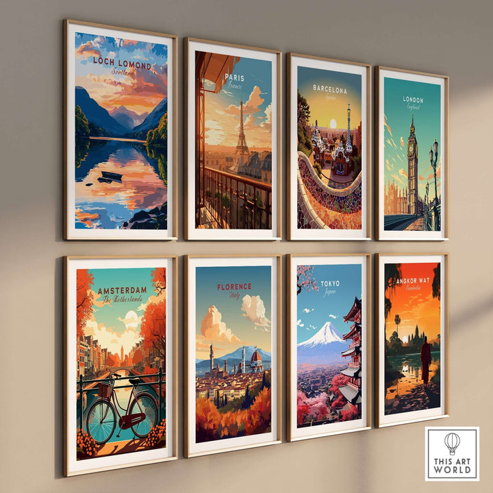 Loch Lomond Scotland wall art among framed cityscape prints, showcasing vibrant landscapes and iconic landmarks.