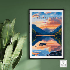 Loch Lomond Scotland Wall Art featuring serene blue waters and vibrant sunset reflections.