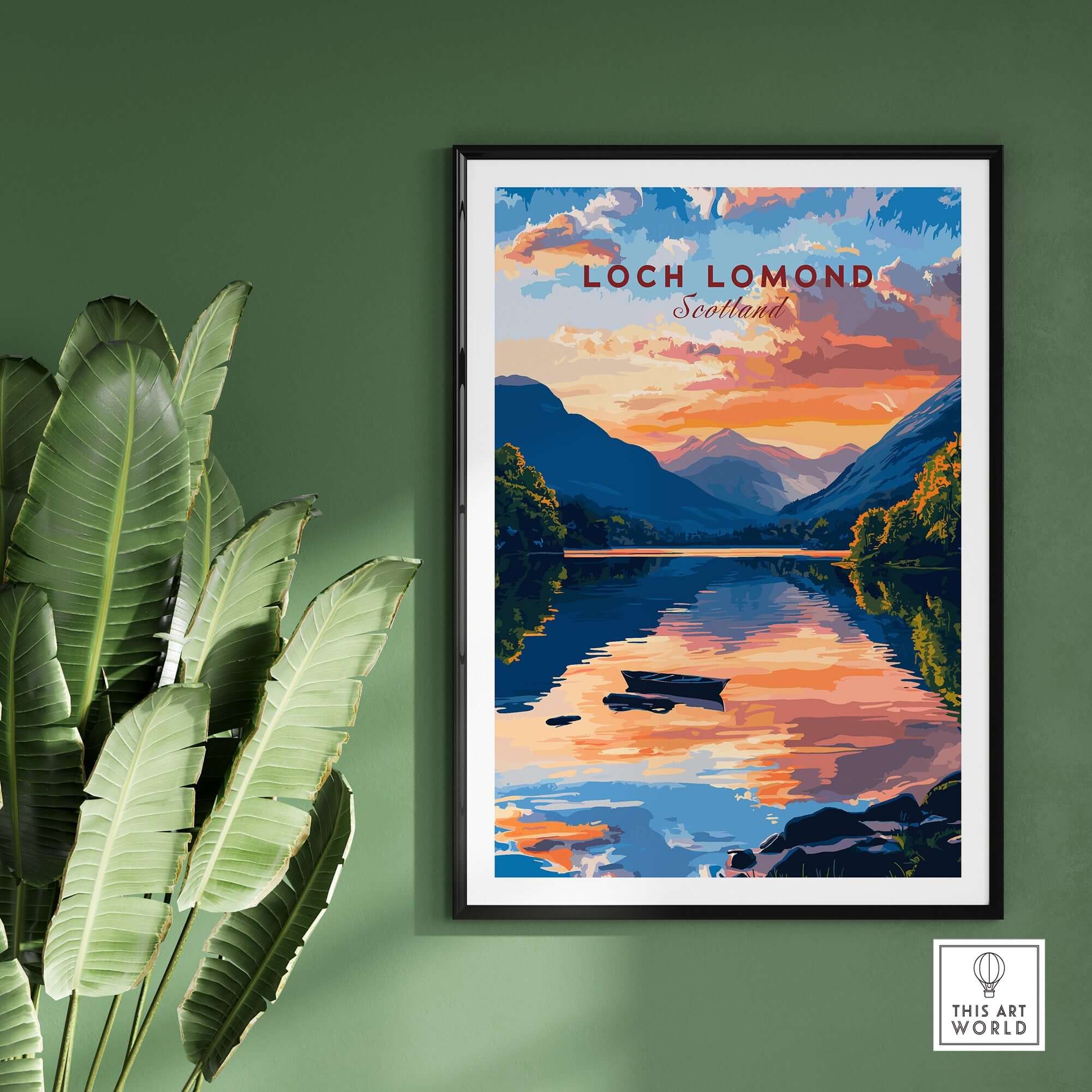 Loch Lomond Scotland Wall Art featuring serene blue waters and vibrant sunset reflections.