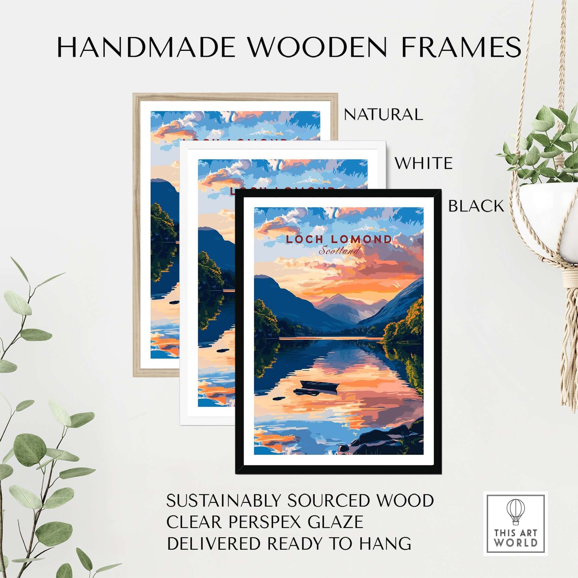 Loch Lomond Scotland Wall Art in handmade frames, showcasing serene waters and landscapes, ready to enhance your space.