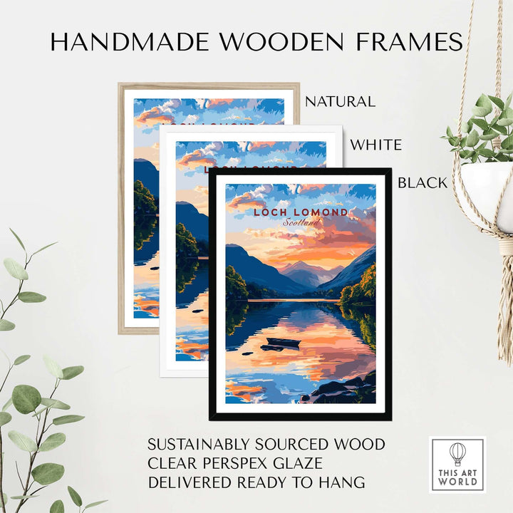 Handmade wooden frames for Loch Lomond wall art in natural, white, and black finishes with clear perspex glaze.