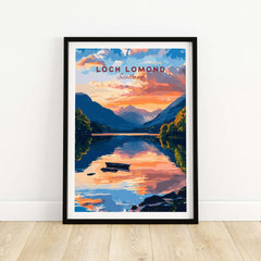 Loch Lomond Scotland Wall Art featuring vibrant sunset reflections over calm waters.