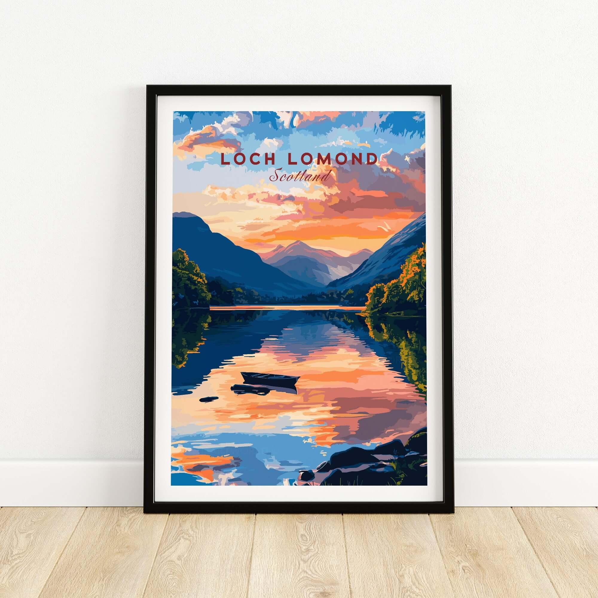 Loch Lomond Scotland Wall Art featuring vibrant sunset reflections over calm waters.