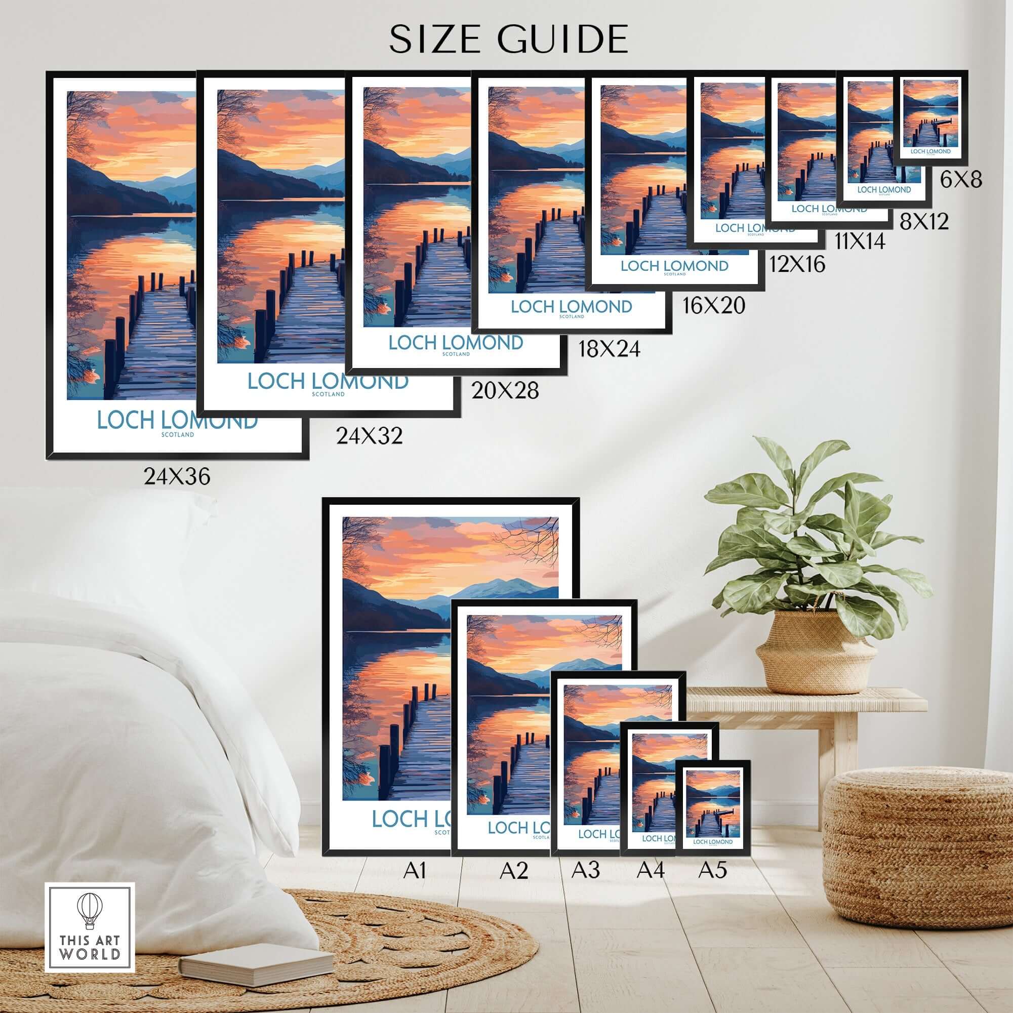 Loch Lomond Travel Poster size guide showcasing various frame sizes and stunning landscapes.