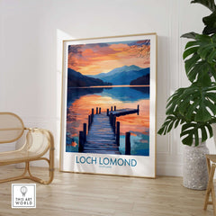 Loch Lomond Travel Poster showcasing a picturesque sunset over serene waters with a wooden dock.