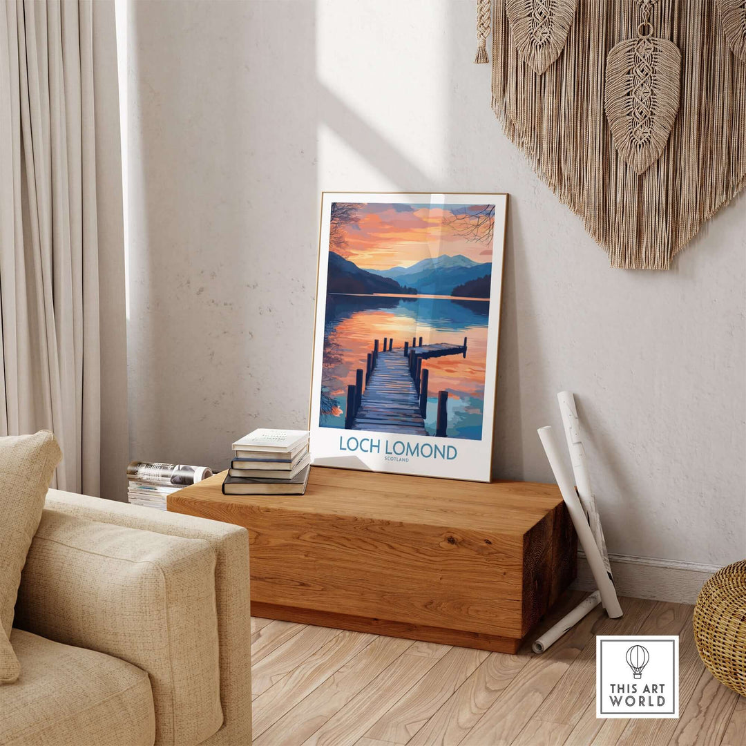 Loch Lomond travel poster displayed in a cozy living room, showcasing serene landscapes and warm colors.