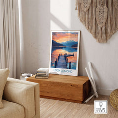Loch Lomond Travel Poster displayed in a bright room, showcasing beautiful landscapes and serene waters.