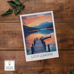Loch Lomond Travel Poster showcasing stunning landscapes and serene waters at sunset.