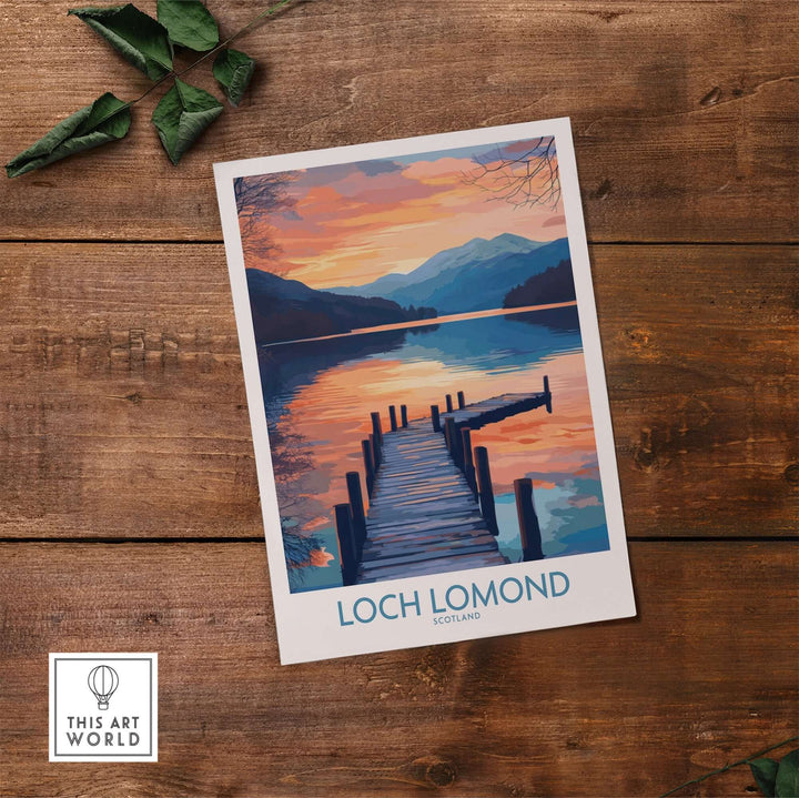 Loch Lomond travel poster showcasing serene sunset over tranquil waters and mountains, perfect for nature lovers.