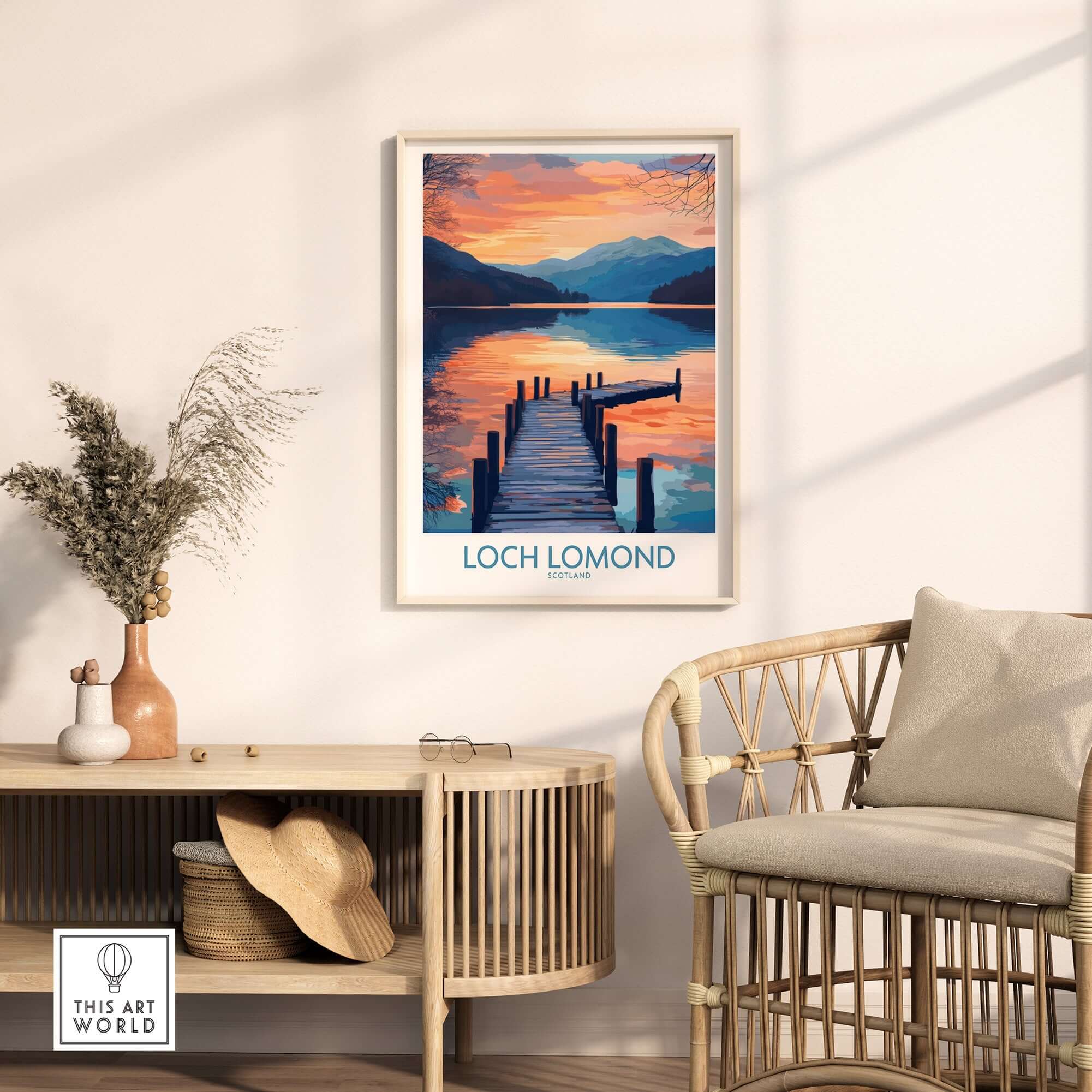 Loch Lomond Travel Poster displayed in a stylish home setting, showcasing serene landscapes and beautiful waters.