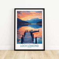 Loch Lomond Travel Poster featuring a serene lake view and a wooden pier at sunset in Scotland.