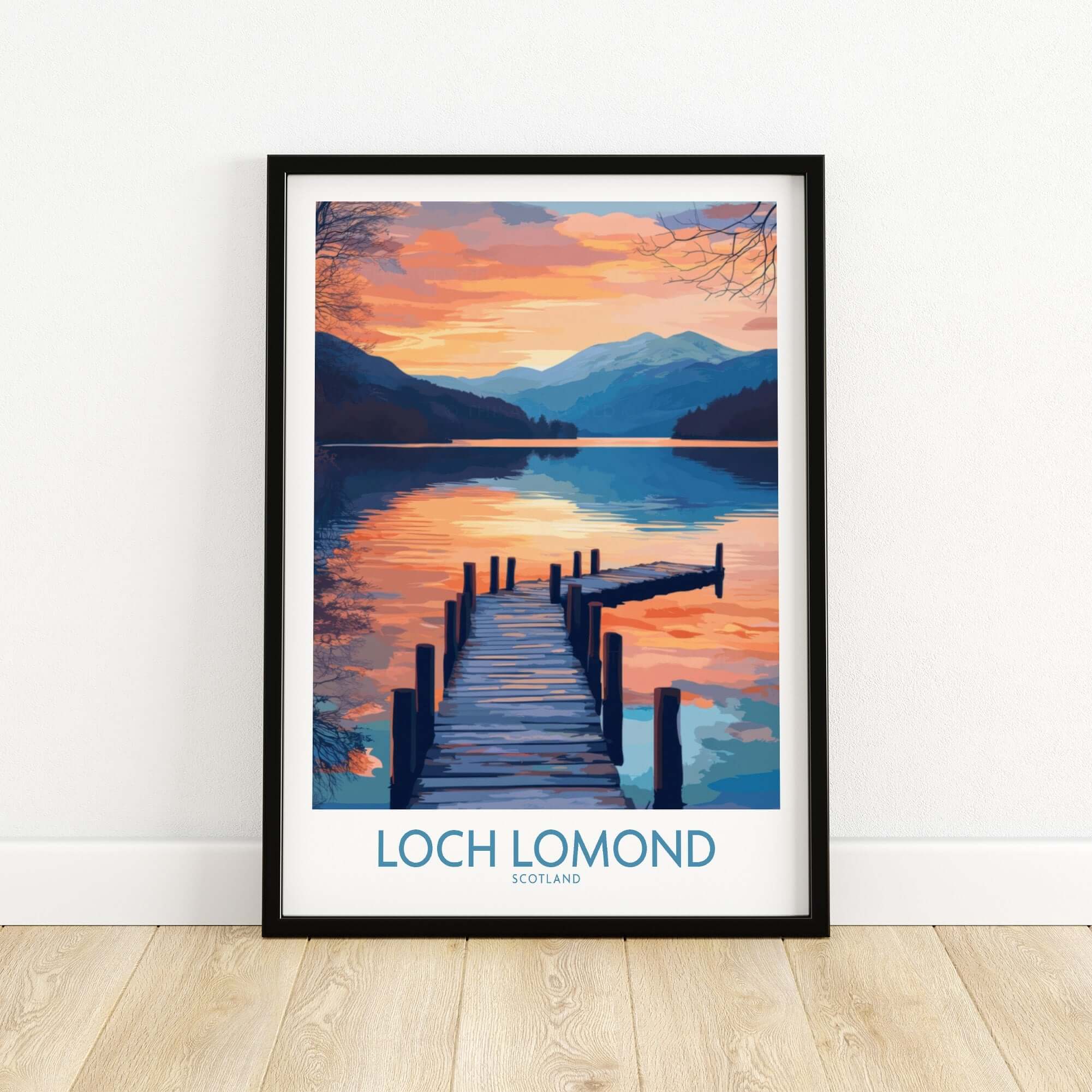Loch Lomond Travel Poster featuring a serene lake view and a wooden pier at sunset in Scotland.