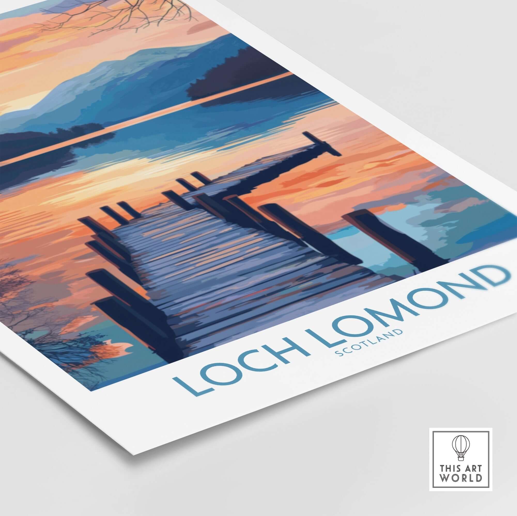 Loch Lomond Travel Poster showcasing a serene sunset over the lake and a wooden pier in Scotland.