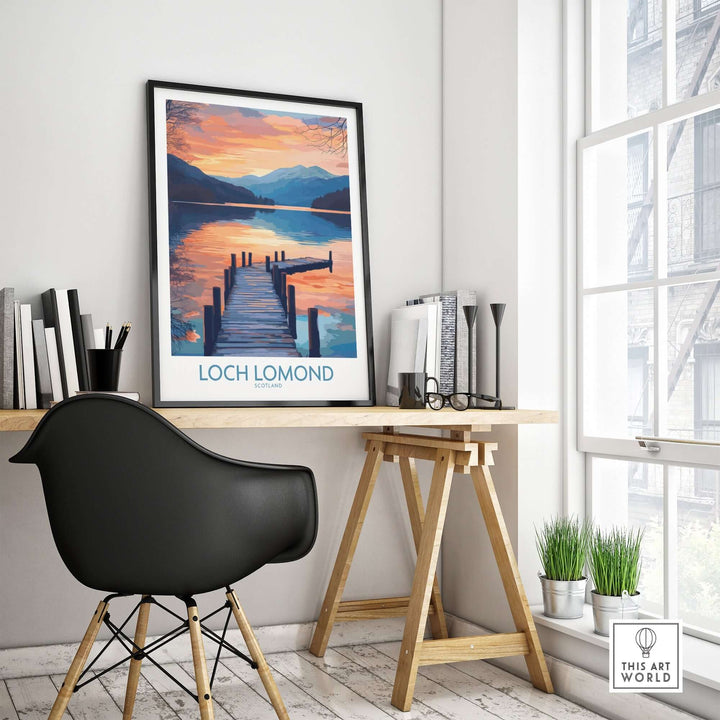 Loch Lomond travel poster displayed in a modern workspace, showcasing serene landscapes and tranquil waters.