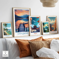 Loch Lomond Travel Poster framed among other travel posters showcasing stunning landscapes.