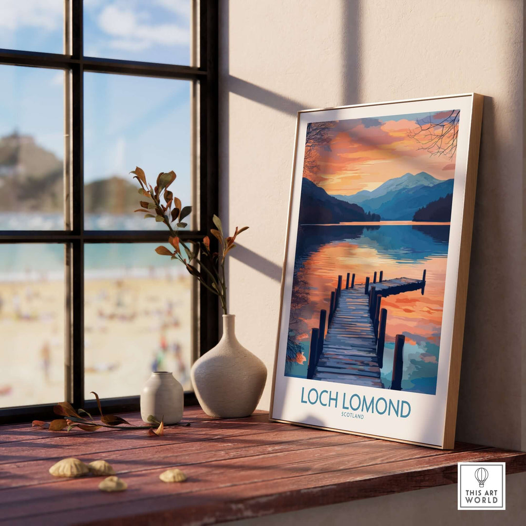 Loch Lomond travel poster displayed in a cozy interior, showcasing serene waters and stunning landscapes of Scotland.