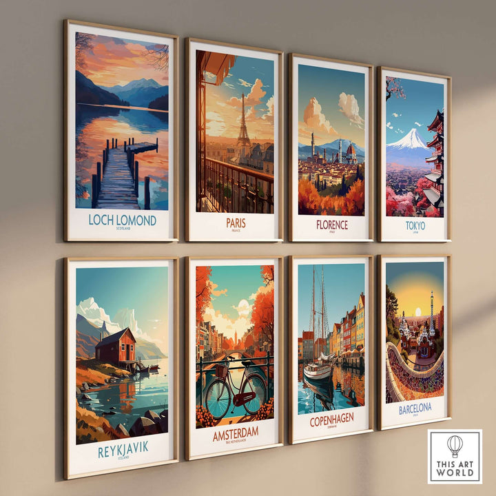 Loch Lomond travel poster among eight vibrant city posters, showcasing iconic landscapes and travel destinations.