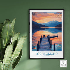 Loch Lomond Travel Poster showcasing a scenic view of the lake at sunset with calm waters and mountains.