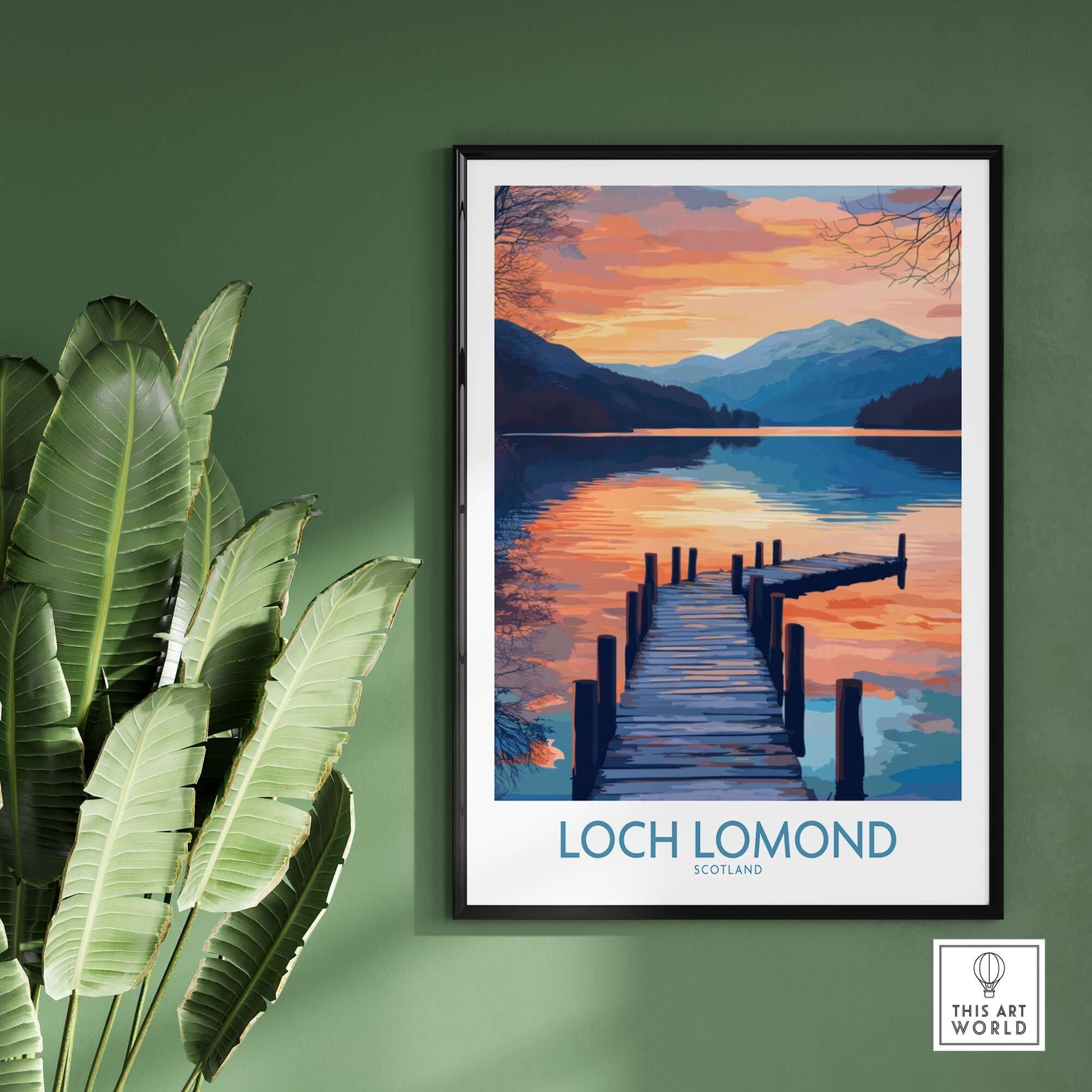Loch Lomond Travel Poster showcasing a scenic view of the lake at sunset with calm waters and mountains.