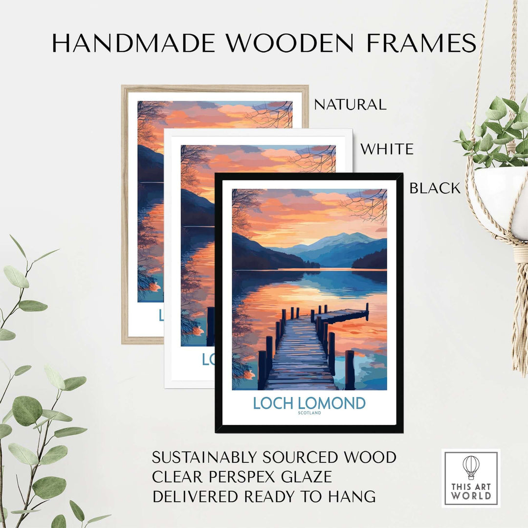 Loch Lomond travel poster in handmade wooden frames: natural, white, and black options, featuring serene landscapes ready to hang.