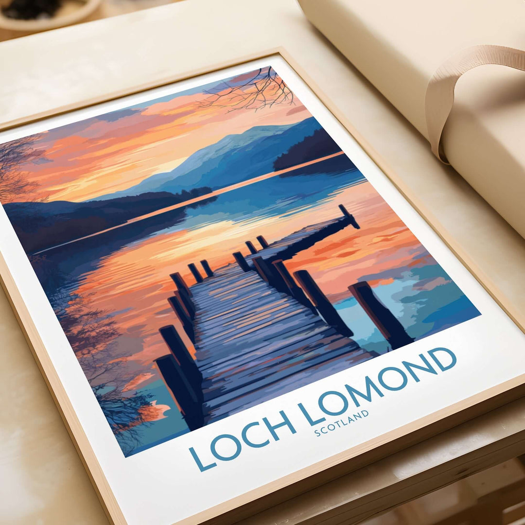 Loch Lomond travel poster featuring a serene lakeside sunset with vibrant colors and a wooden pier, perfect for nature lovers.