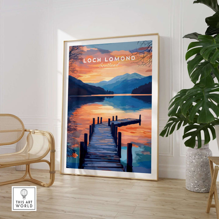 Loch Lomond travel print showcasing a scenic pier at sunset, perfect for home decor and art lovers.