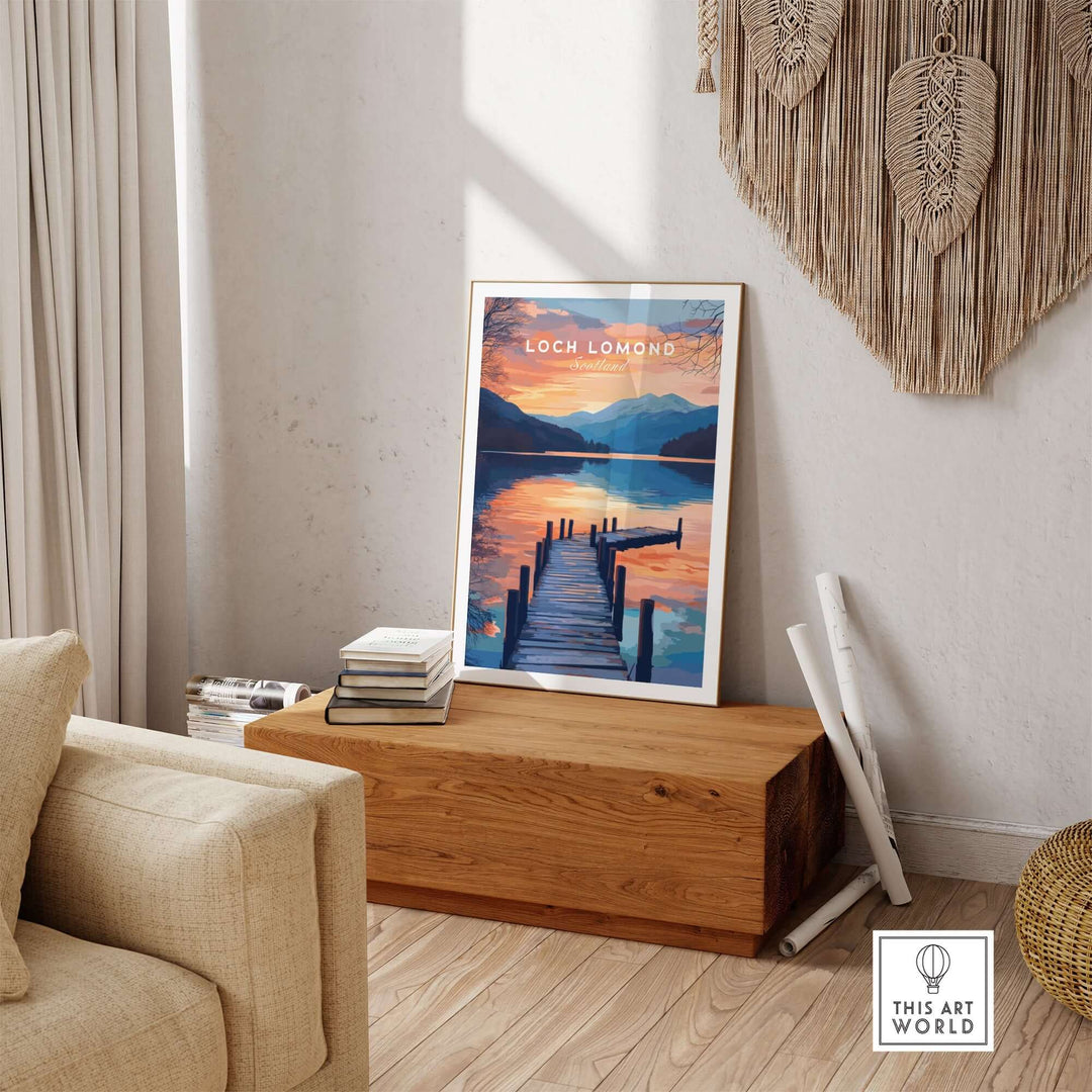 Loch Lomond travel print showcased in a stylish living room, highlighting the serene beauty of the Scottish Highlands.