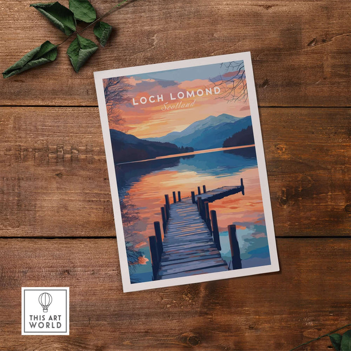 Loch Lomond travel print featuring serene lake scenery and colorful sunset over a wooden dock in the Scottish Highlands.